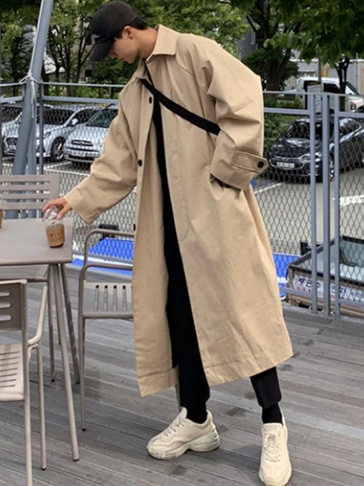 Mauroicardi Spring Autumn Long Oversized Black Khaki Trench Coat Men Raglan Sleeve Single Breasted Loose Casual Korean Fashion