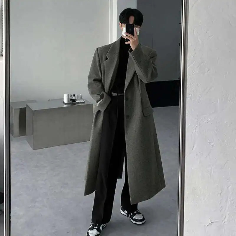 IEFB Korean Style Men's Woollen Coats Single Breasted Solid Color Overknee Thickened Male Windbreakers Spring Tide 2025 9C7831