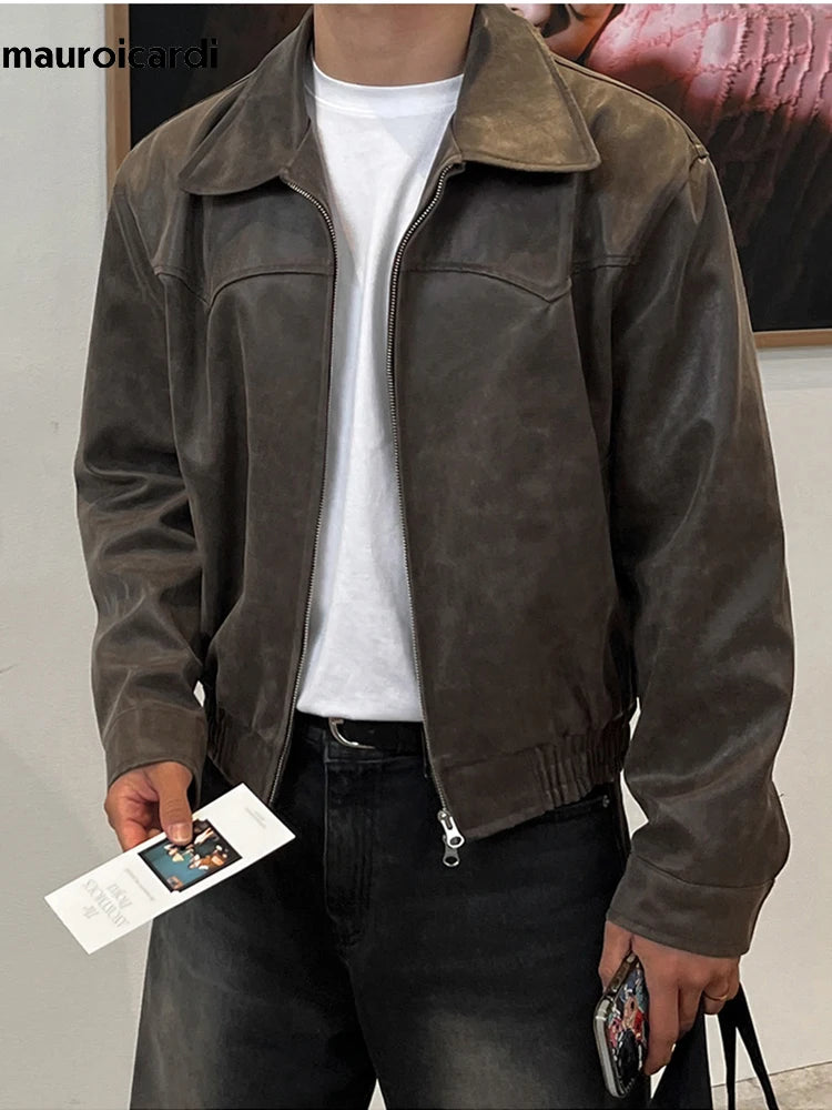 Mauroicardi Spring Autumn Vintage Lightweight Distressed Washed Brown Pu Leather Jacket Men Zipper Casual Korean Fashion Clothes