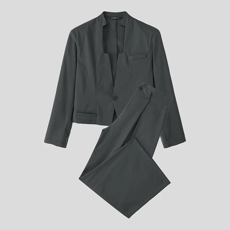 INCERUN Men Sets Solid Color Elegant Long Sleeve Crop Blazer & Wide Leg Pants 2PCS Streetwear Loose Fashion Casual Men's Suits