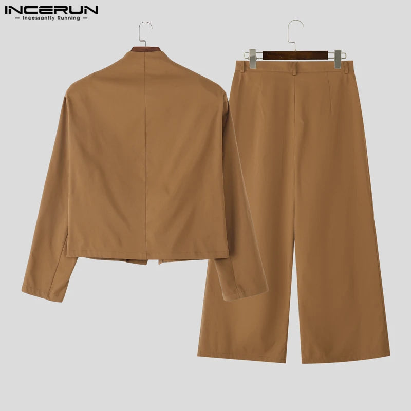 INCERUN Men Sets Solid Color Elegant Long Sleeve Crop Blazer & Wide Leg Pants 2PCS Streetwear Loose Fashion Casual Men's Suits