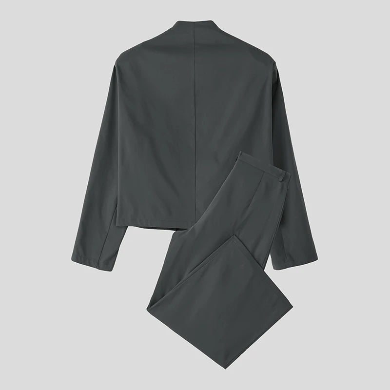 INCERUN Men Sets Solid Color Elegant Long Sleeve Crop Blazer & Wide Leg Pants 2PCS Streetwear Loose Fashion Casual Men's Suits