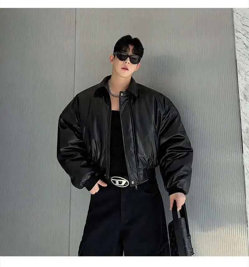 IEFB High Street Men's Padded Jackets Turn-down Collar Casual PU Leather Thickened Solid Color Loose Male Cotton Coats 9W216