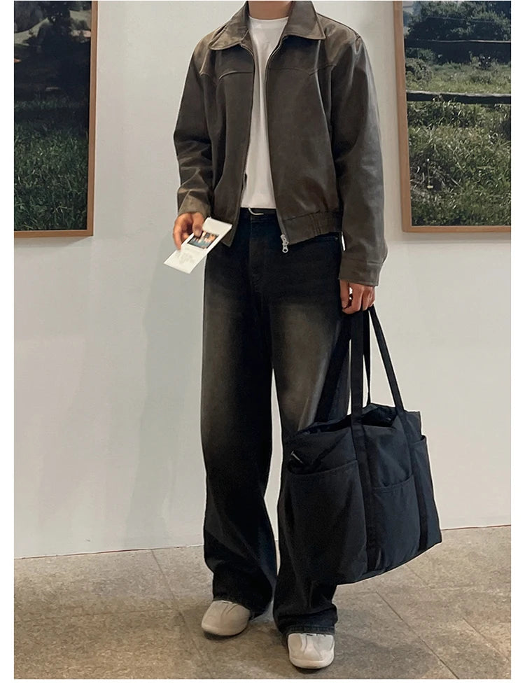 Mauroicardi Spring Autumn Vintage Lightweight Distressed Washed Brown Pu Leather Jacket Men Zipper Casual Korean Fashion Clothes