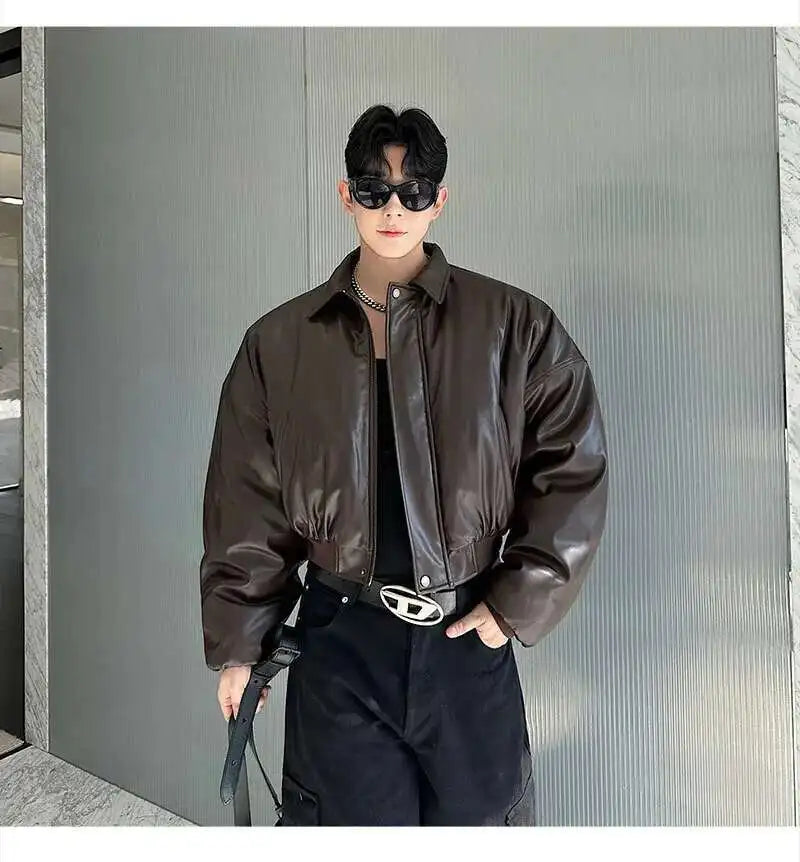 IEFB High Street Men's Padded Jackets Turn-down Collar Casual PU Leather Thickened Solid Color Loose Male Cotton Coats 9W216
