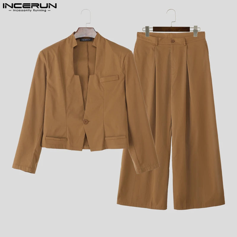 INCERUN Men Sets Solid Color Elegant Long Sleeve Crop Blazer & Wide Leg Pants 2PCS Streetwear Loose Fashion Casual Men's Suits