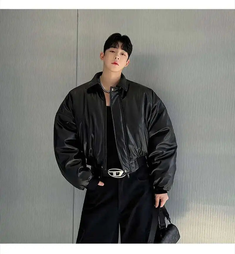 IEFB High Street Men's Padded Jackets Turn-down Collar Casual PU Leather Thickened Solid Color Loose Male Cotton Coats 9W216
