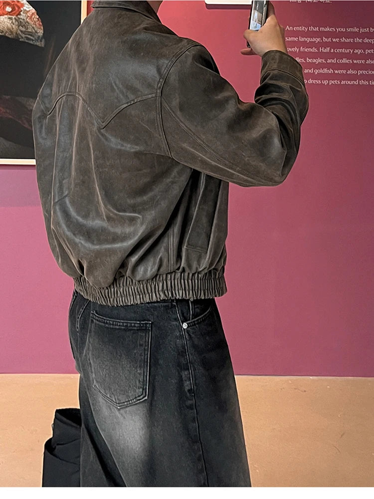 Mauroicardi Spring Autumn Vintage Lightweight Distressed Washed Brown Pu Leather Jacket Men Zipper Casual Korean Fashion Clothes