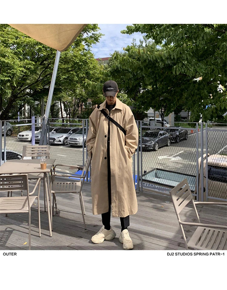 Mauroicardi Spring Autumn Long Oversized Black Khaki Trench Coat Men Raglan Sleeve Single Breasted Loose Casual Korean Fashion