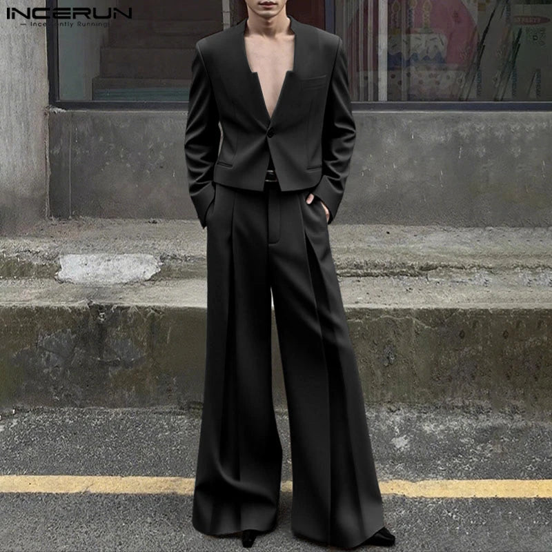 INCERUN Men Sets Solid Color Elegant Long Sleeve Crop Blazer & Wide Leg Pants 2PCS Streetwear Loose Fashion Casual Men's Suits