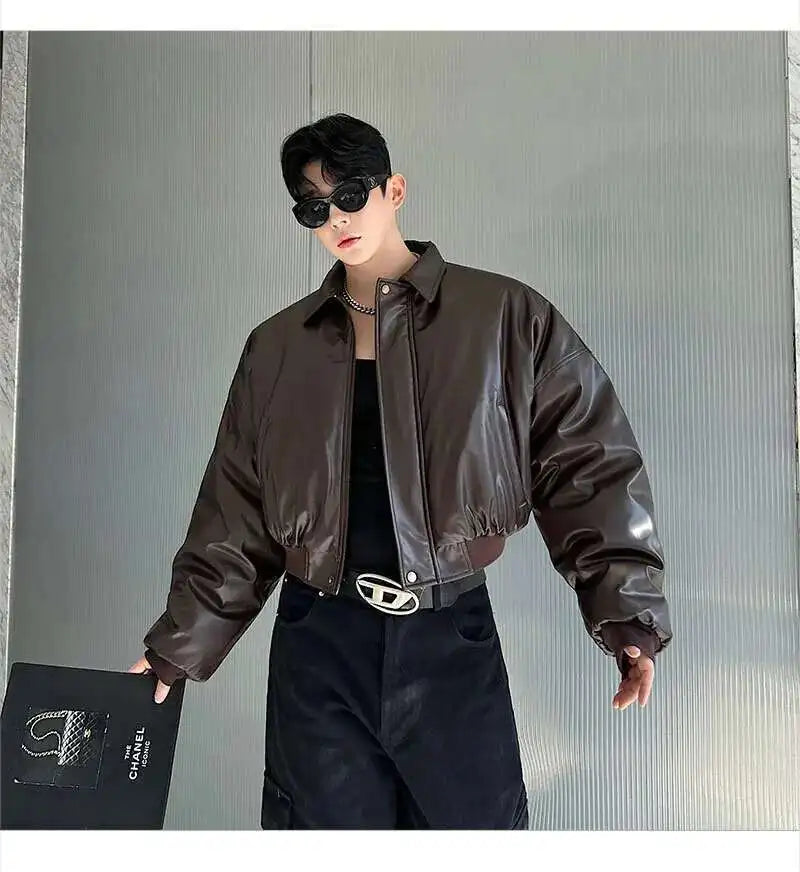 IEFB High Street Men's Padded Jackets Turn-down Collar Casual PU Leather Thickened Solid Color Loose Male Cotton Coats 9W216