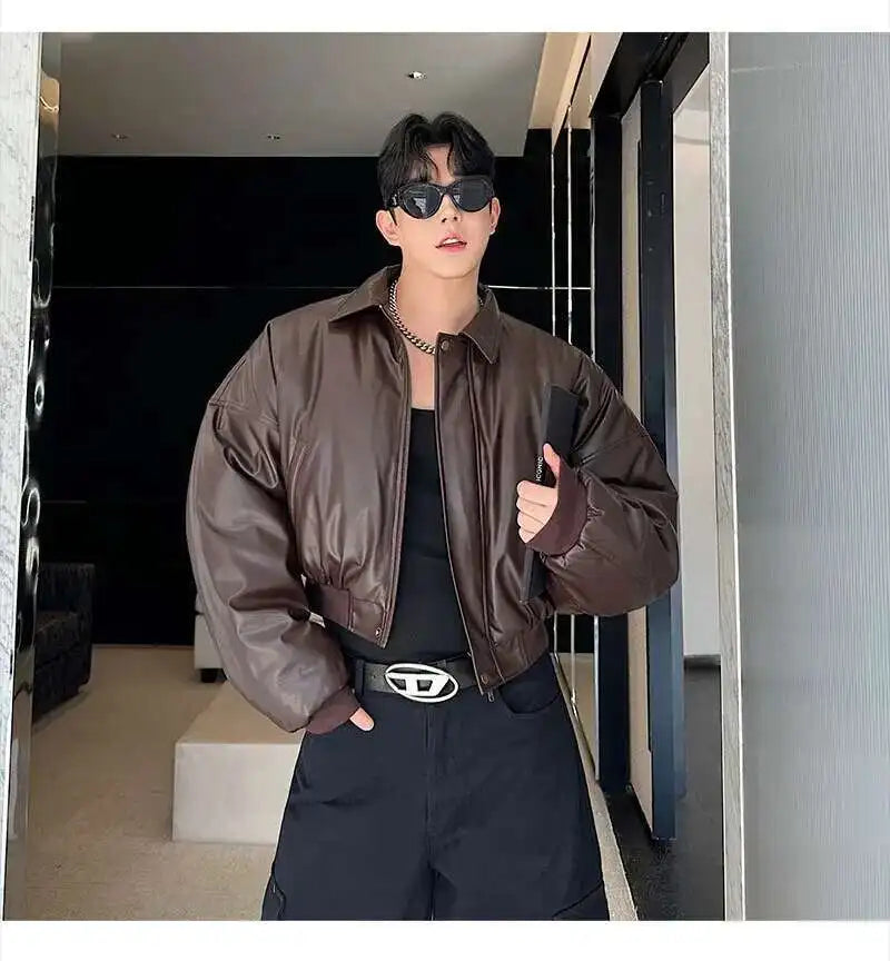 IEFB High Street Men's Padded Jackets Turn-down Collar Casual PU Leather Thickened Solid Color Loose Male Cotton Coats 9W216