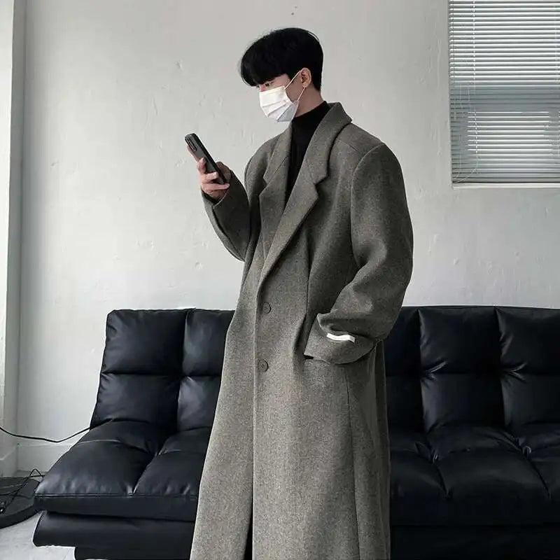 IEFB Korean Style Men's Woollen Coats Single Breasted Solid Color Overknee Thickened Male Windbreakers Spring Tide 2025 9C7831