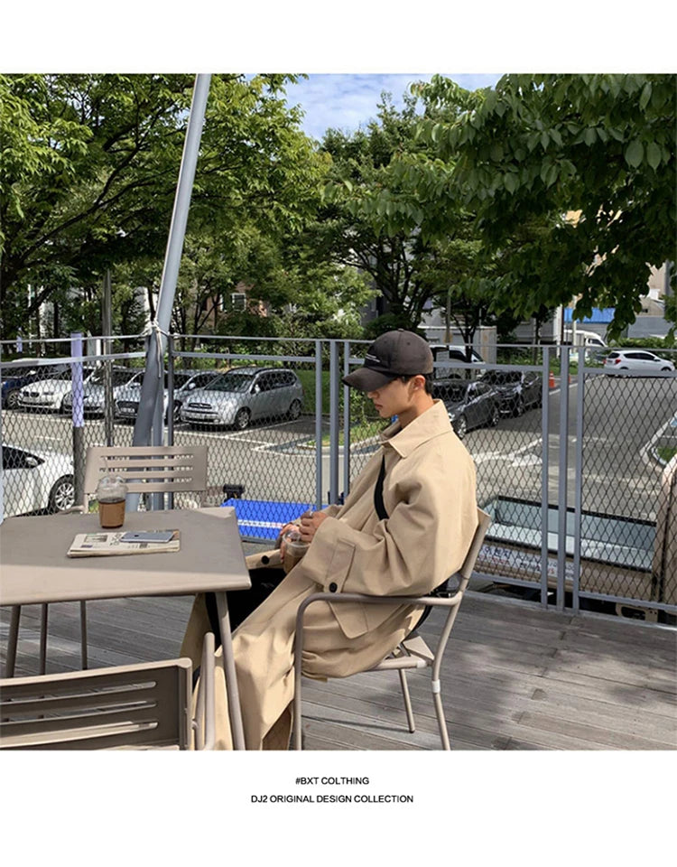 Mauroicardi Spring Autumn Long Oversized Black Khaki Trench Coat Men Raglan Sleeve Single Breasted Loose Casual Korean Fashion