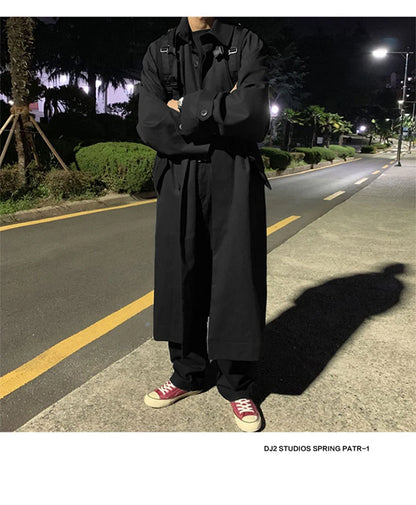 Mauroicardi Spring Autumn Long Oversized Black Khaki Trench Coat Men Raglan Sleeve Single Breasted Loose Casual Korean Fashion