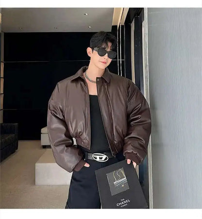 IEFB High Street Men's Padded Jackets Turn-down Collar Casual PU Leather Thickened Solid Color Loose Male Cotton Coats 9W216