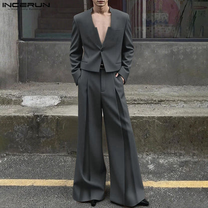 INCERUN Men Sets Solid Color Elegant Long Sleeve Crop Blazer & Wide Leg Pants 2PCS Streetwear Loose Fashion Casual Men's Suits