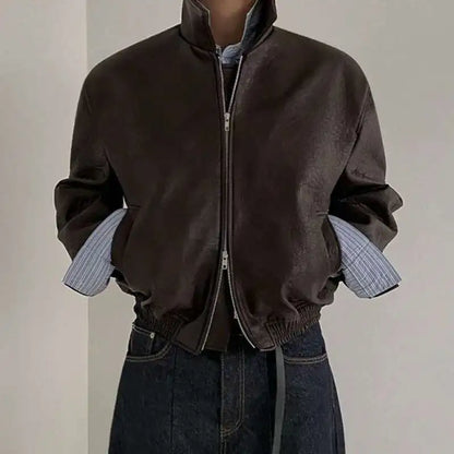 IEFB Short PU Leather Coat Men's Spring Summer Loose Turn-down Collar Coat Korean Style Trend Male Jacket Casual Top 9C5013