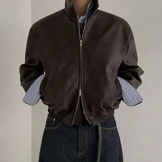 IEFB Short PU Leather Coat Men's Spring Summer Loose Turn-down Collar Coat Korean Style Trend Male Jacket Casual Top 9C5013