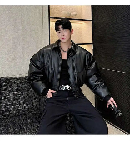 IEFB High Street Men's Padded Jackets Turn-down Collar Casual PU Leather Thickened Solid Color Loose Male Cotton Coats 9W216