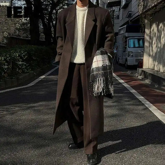 IEFB Korean Style Men's Woollen Coats Single Breasted Solid Color Overknee Thickened Male Windbreakers Spring Tide 2025 9C7831