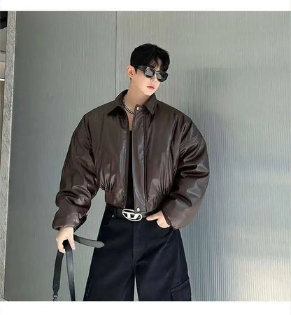IEFB High Street Men's Padded Jackets Turn-down Collar Casual PU Leather Thickened Solid Color Loose Male Cotton Coats 9W216