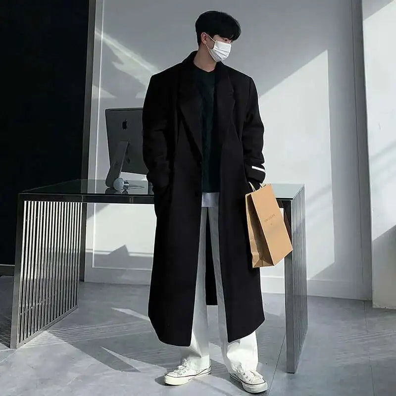 IEFB Korean Style Men's Woollen Coats Single Breasted Solid Color Overknee Thickened Male Windbreakers Spring Tide 2025 9C7831