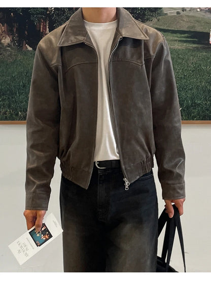 Mauroicardi Spring Autumn Vintage Lightweight Distressed Washed Brown Pu Leather Jacket Men Zipper Casual Korean Fashion Clothes
