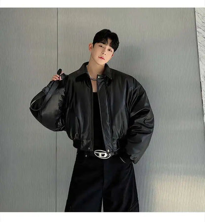 IEFB High Street Men's Padded Jackets Turn-down Collar Casual PU Leather Thickened Solid Color Loose Male Cotton Coats 9W216