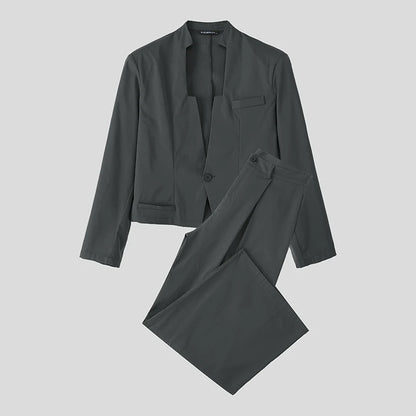 INCERUN Men Sets Solid Color Elegant Long Sleeve Crop Blazer & Wide Leg Pants 2PCS Streetwear Loose Fashion Casual Men's Suits