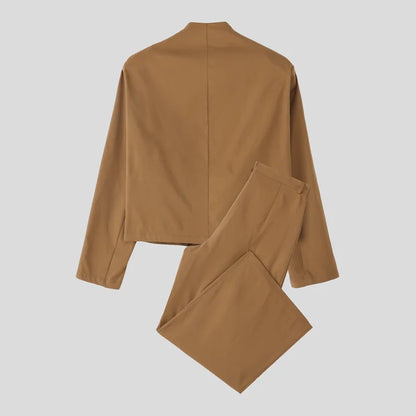 INCERUN Men Sets Solid Color Elegant Long Sleeve Crop Blazer & Wide Leg Pants 2PCS Streetwear Loose Fashion Casual Men's Suits