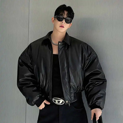 IEFB High Street Men's Padded Jackets Turn-down Collar Casual PU Leather Thickened Solid Color Loose Male Cotton Coats 9W216