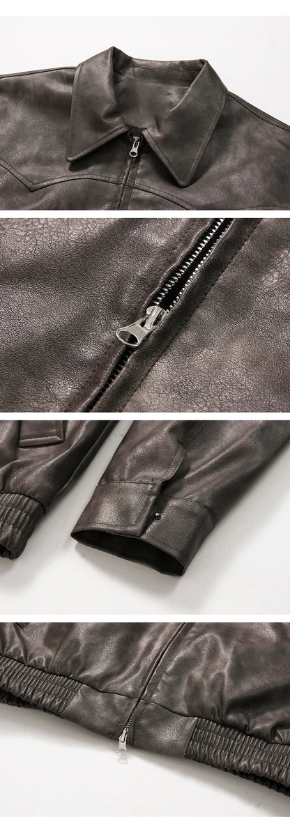 Mauroicardi Spring Autumn Vintage Lightweight Distressed Washed Brown Pu Leather Jacket Men Zipper Casual Korean Fashion Clothes