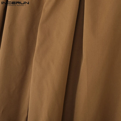 INCERUN Men Sets Solid Color Elegant Long Sleeve Crop Blazer & Wide Leg Pants 2PCS Streetwear Loose Fashion Casual Men's Suits
