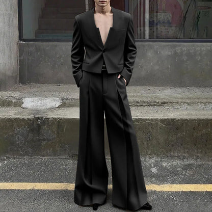INCERUN Men Sets Solid Color Elegant Long Sleeve Crop Blazer & Wide Leg Pants 2PCS Streetwear Loose Fashion Casual Men's Suits