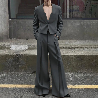 INCERUN Men Sets Solid Color Elegant Long Sleeve Crop Blazer & Wide Leg Pants 2PCS Streetwear Loose Fashion Casual Men's Suits