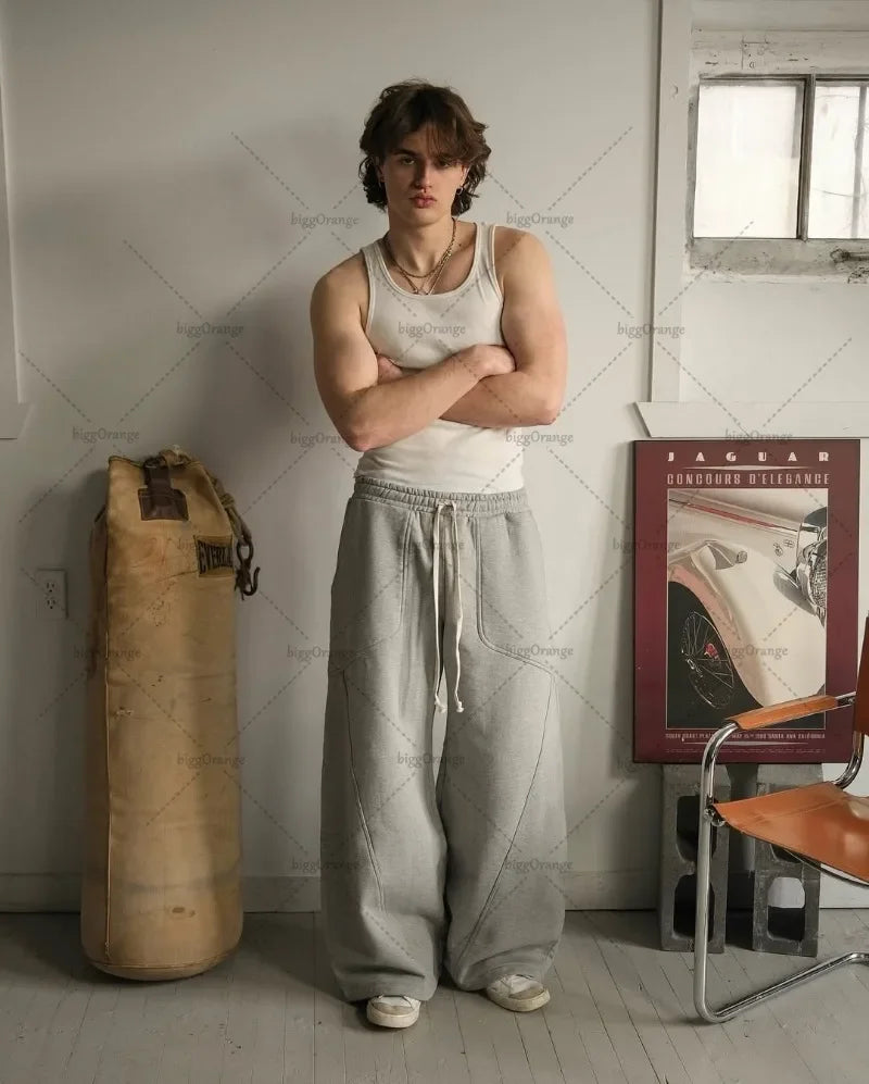 New High Street Trend Brand Streetwear Jogger American Retro Harajuku Oversized Sweatpants Gray Casual Loose Pants Men Clothing