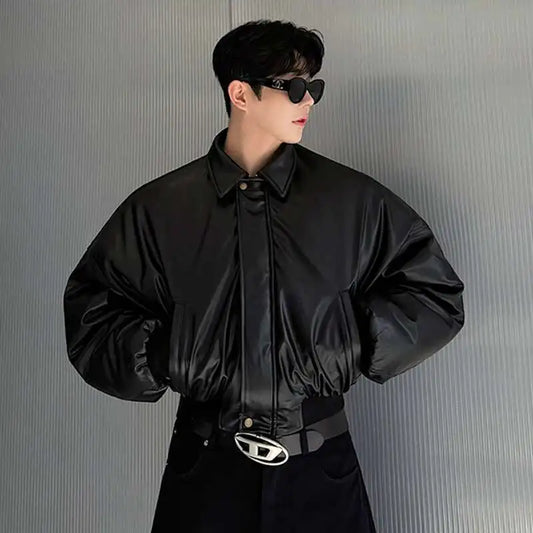 IEFB High Street Men's Padded Jackets Turn-down Collar Casual PU Leather Thickened Solid Color Loose Male Cotton Coats 9W216