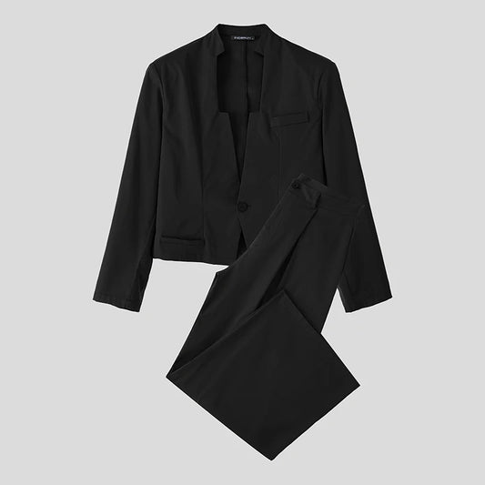 INCERUN Men Sets Solid Color Elegant Long Sleeve Crop Blazer & Wide Leg Pants 2PCS Streetwear Loose Fashion Casual Men's Suits