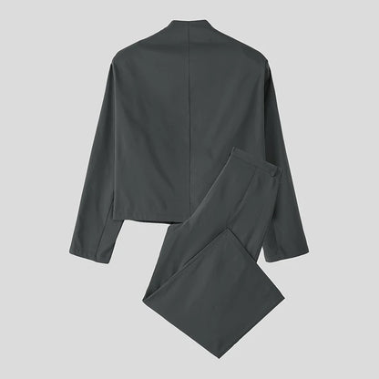 INCERUN Men Sets Solid Color Elegant Long Sleeve Crop Blazer & Wide Leg Pants 2PCS Streetwear Loose Fashion Casual Men's Suits