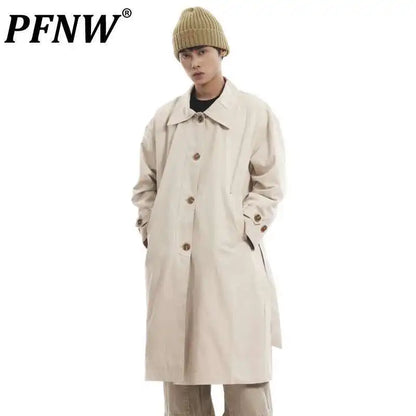 PFNW Korean Casual Temperament British Style Vintage Loose Lapel Trench Spring 2025 New Beige Medium-length Coats Tide 28W5983