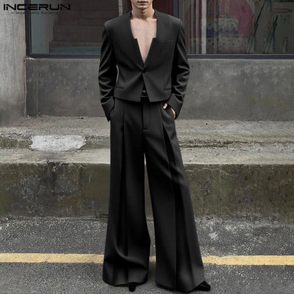 INCERUN Men Sets Solid Color Elegant Long Sleeve Crop Blazer & Wide Leg Pants 2PCS Streetwear Loose Fashion Casual Men's Suits