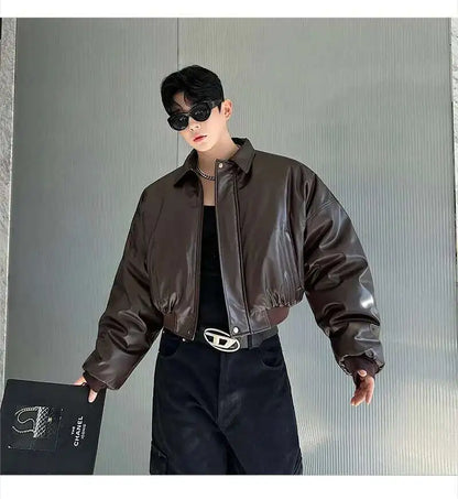 IEFB High Street Men's Padded Jackets Turn-down Collar Casual PU Leather Thickened Solid Color Loose Male Cotton Coats 9W216