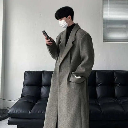 IEFB Korean Style Men's Woollen Coats Single Breasted Solid Color Overknee Thickened Male Windbreakers Spring Tide 2025 9C7831